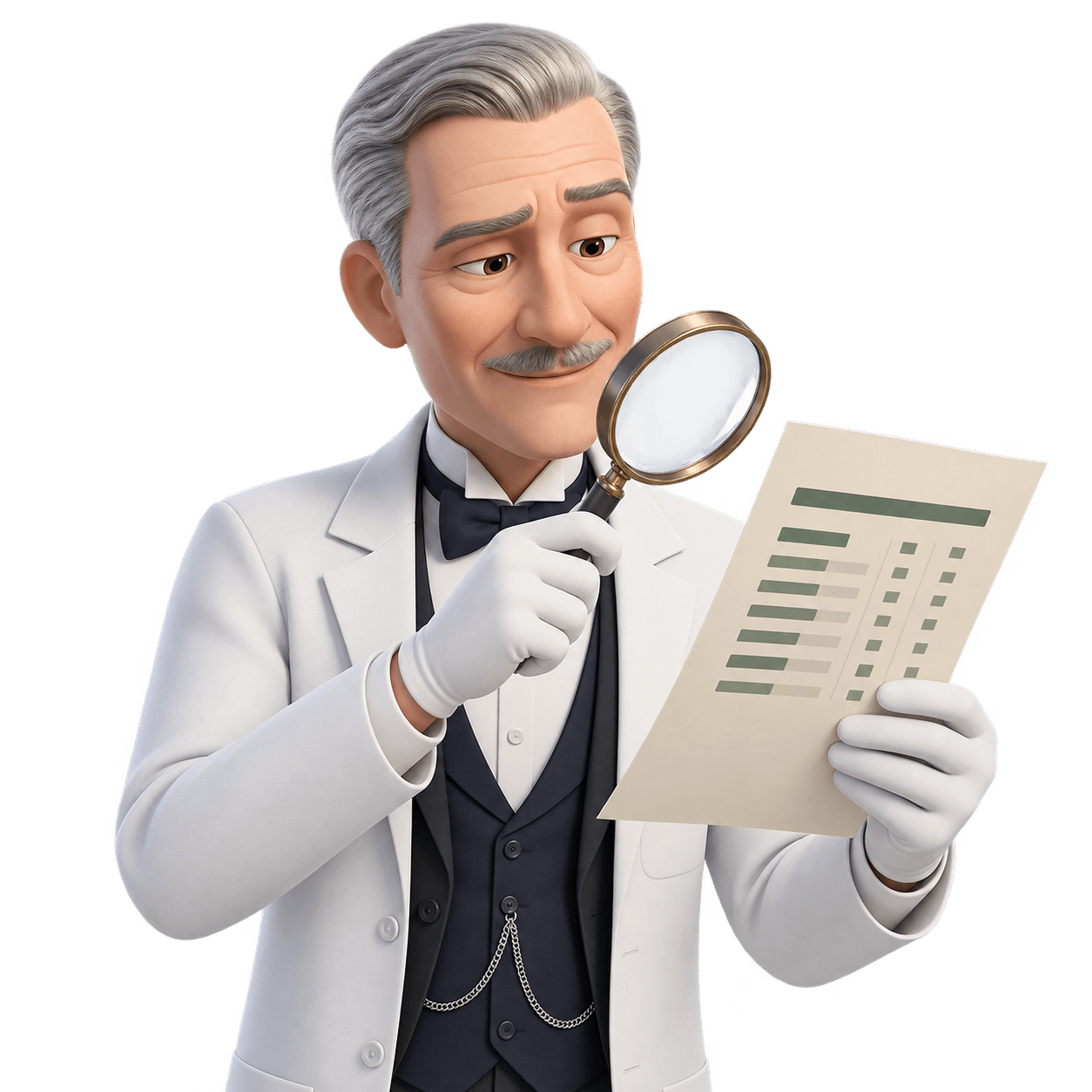 Jarbas examinando um relatório de preços com uma lupa