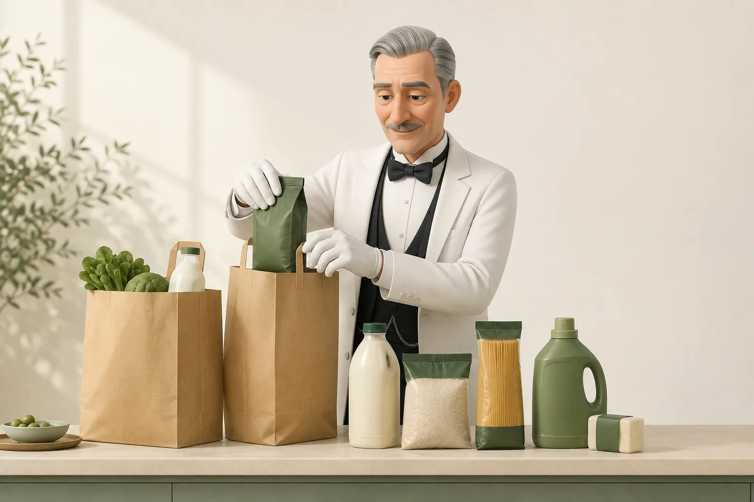 Ilustração do Jarbas a organizar produtos de supermercado em sacos